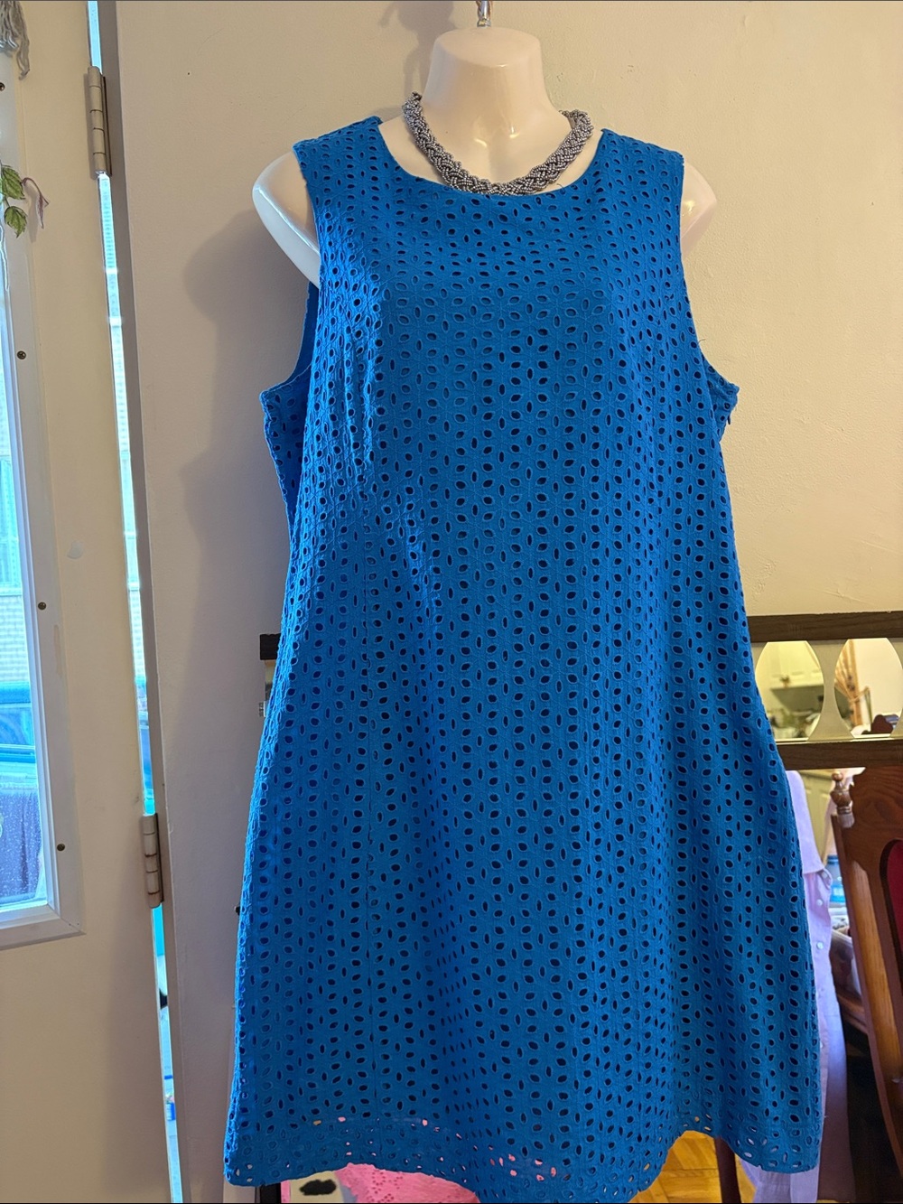 ALFRED SUNG Cobalt Blue Eyelet Sleeveless Midi Dress. Cotton